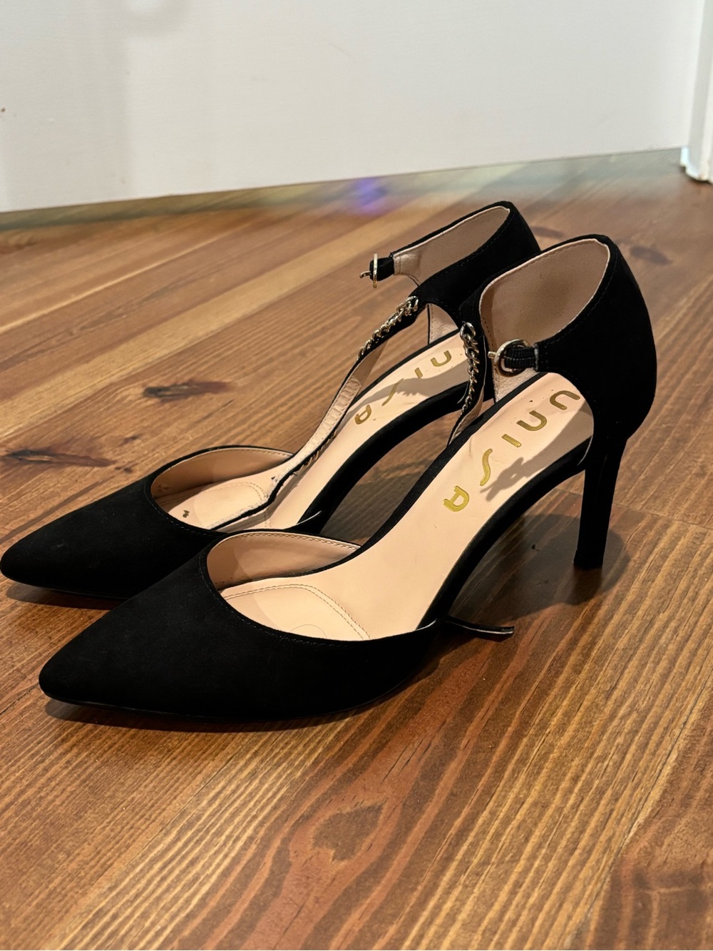 Unisa Black Suede Pointed Toe Ankle-Strap Heels